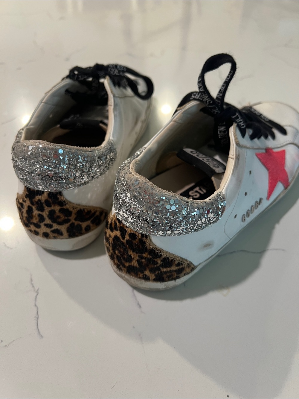 Golden Goose White Sneakers with Pink Star, Leopard & Silver Glitter Heel - Picture 3 of 3